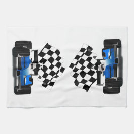 Blaues Rennfahrzeug mit Checkflagge Geschirrtuch
