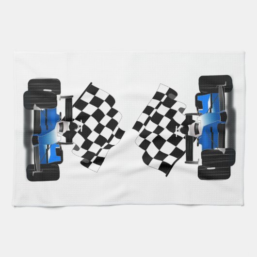 Blaues Rennfahrzeug mit Checkflagge Geschirrtuch (Horizontal)