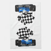 Blaues Rennfahrzeug mit Checkflagge Geschirrtuch (Vertikal)