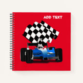 Blaues Rennfahrzeug mit Checkflagge Notizblock (Vorderseite)