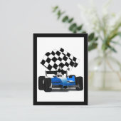 Blaues Rennfahrzeug mit Checkflagge Postkarte (Stehend Vorderseite)