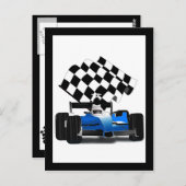 Blaues Rennfahrzeug mit Checkflagge Postkarte (Vorne/Hinten)