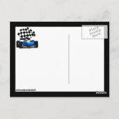 Blaues Rennfahrzeug mit Checkflagge Postkarte (Rückseite)