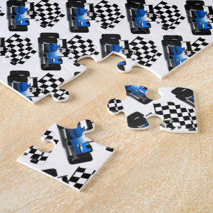 Blaues Rennfahrzeug mit Checkflagge Puzzle