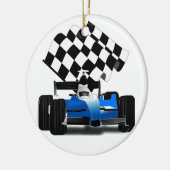 Blaues Rennfahrzeug mit Checkflagge Silbernes Ornament (Links)