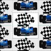 Blaues Rennfahrzeug mit Checkflagge Stoff (Kachel)
