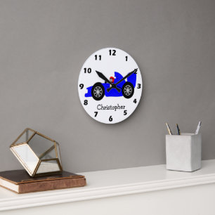 Blaues Rennwagen Personalisiert Runde Wanduhr