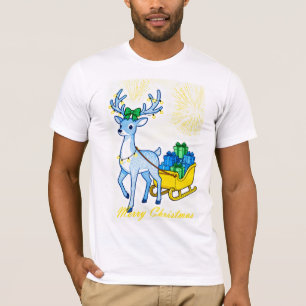 Blaues Rentier & Schlitten Frohe Weihnachten Herre T-Shirt