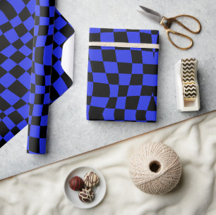 Blaues Retro-70er-Jahre-Wellen-Karomuster Geschenkpapier