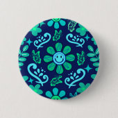 Blaues Retro-Blumen- und Sonnensymbol-Muster Button (Vorderseite)
