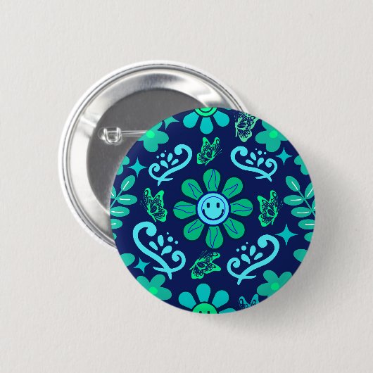 Blaues Retro-Blumen- und Sonnensymbol-Muster Button (Vorne & Hinten)