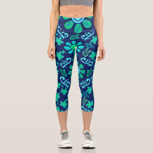 Blaues Retro-Blumen- und Sonnensymbol-Muster Capri Leggings