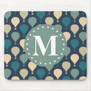 Blaues Retro-Heißluftballon-Muster Monogram Mousepad