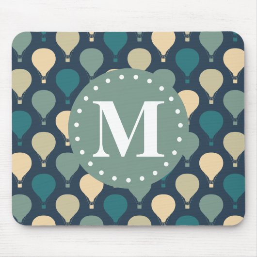 Blaues Retro-Heißluftballon-Muster Monogram Mousepad (Vorne)