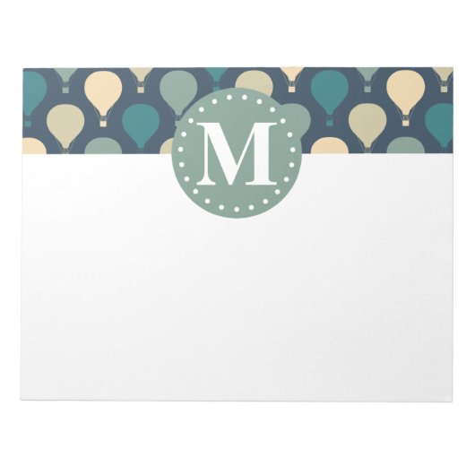 Blaues Retro-Heißluftballon-Muster Monogram Notizblock (Vorderseite)