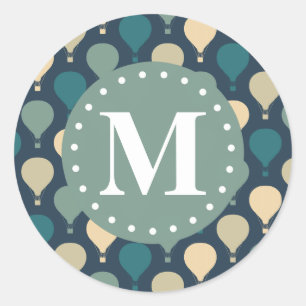 Blaues Retro-Heißluftballon-Muster Monogram Runder Aufkleber