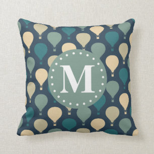 Blaues Retro-Heißluftballon-Muster-Monogramm Kissen