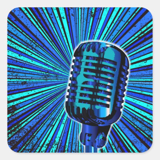 Blaues Retro-Mikrofon Quadratischer Aufkleber (Vorderseite)