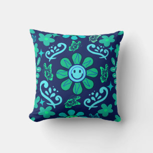 Blaues Retro-Stil Blumen- und Sonnensymbol-Muster Kissen