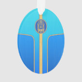 Blaues Retro Tiki Surfbrett Ornament (Rückseite)