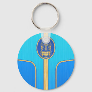 Blaues Retro-Tiki-Surfbrett Schlüsselanhänger