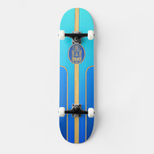 Blaues Retro Tiki Surfbrett Skateboard