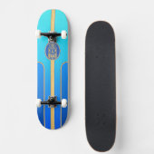 Blaues Retro Tiki Surfbrett Skateboard (Vorne)