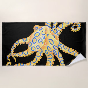 Blaues Ring-Kraken-Schwarzes Strandtuch