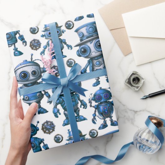 Blaues Robotermuster Geschenkpapier (Schenken)