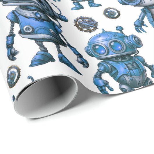 Blaues Robotermuster Geschenkpapier (Rolleneckpunkt)