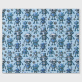 Blaues Robotermuster Geschenkpapier (Flach)