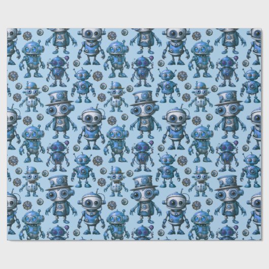 Blaues Robotermuster Geschenkpapier (Flach)