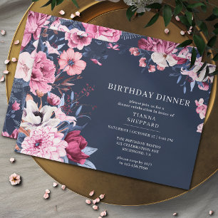 Blaues Rosa Chic Floral Birthday Dinner Einladung