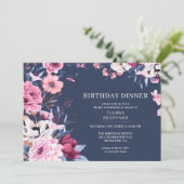 Blaues Rosa | Chic Floral Birthday Dinner Einladung (Stehend Vorderseite)