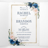 Blaues Rosa Rose Boho Geometric Wedding Dreifach Gefaltete Ankündigung (Innenseite Mitte)