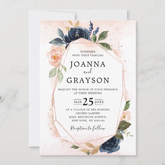 Blaues Rosa Rose Boho Geometric Wedding Einladung (Vorderseite)