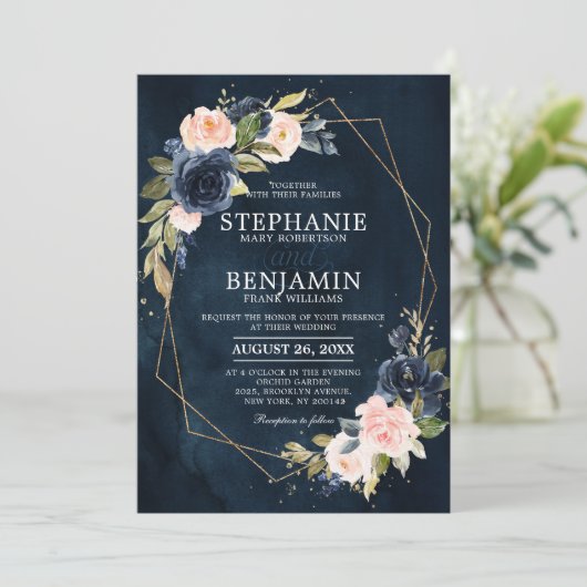 Blaues Rosa Rose Boho Geometric Wedding Einladung (Stehend Vorderseite)