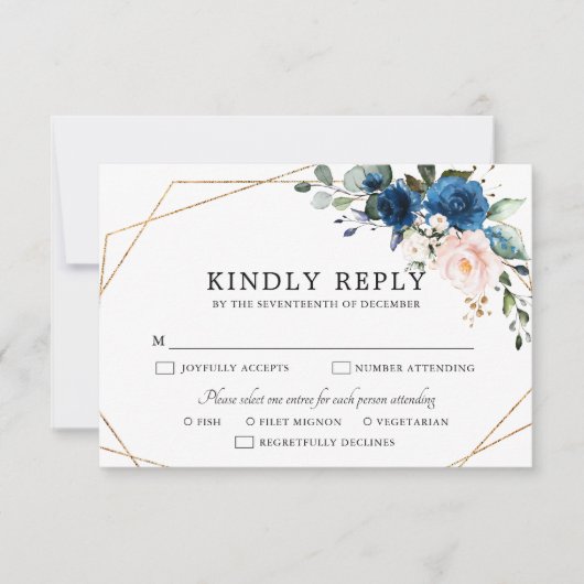 Blaues Rosa Rose Boho Geometric Wedding RSVP Karte (Vorderseite)