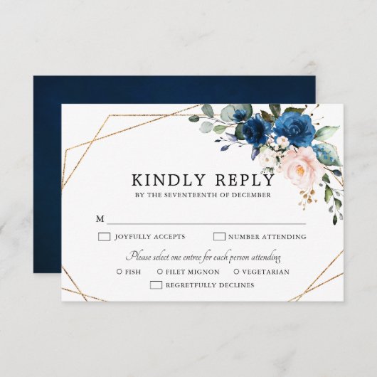 Blaues Rosa Rose Boho Geometric Wedding RSVP Karte (Vorne/Hinten)