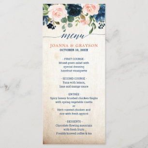Blaues Rosa Rosenblume Boho Hochzeit Menükarte