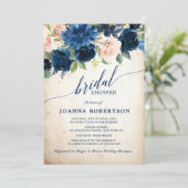 Blaues Rosa Rosenrot - rustikales Brautparty Einladung (Stehend Vorderseite)