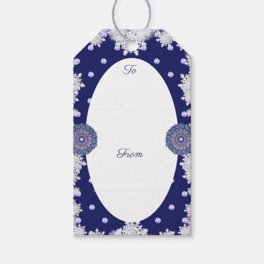 Blaues Rosass und Schneeflocken Geschenkanhänger (Vorderseite)