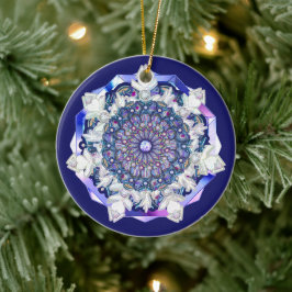 Blaues Rosass und Schneeflocken Keramik Ornament