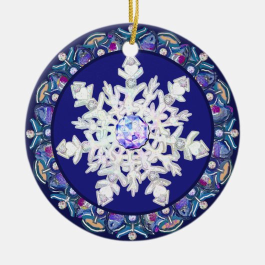 Blaues Rosass und Schneeflocken Keramik Ornament (Vorne)