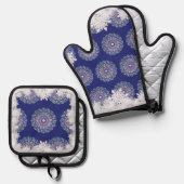 Blaues Rosass und Schneeflocken Ofenhandschuh & Topflappen-Set (Vorderseite/Rückseite)