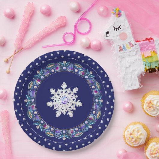 Blaues Rosass und Schneeflocken Pappteller (Party)