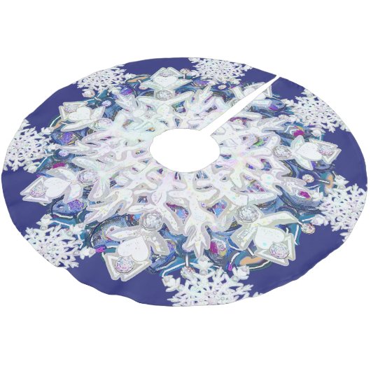 Blaues Rosass und Schneeflocken Polyester Weihnachtsbaumdecke (Schrägansicht)