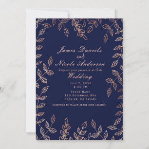 Blaues & Roségold Glamour Botanische Elegante Hoch Einladung