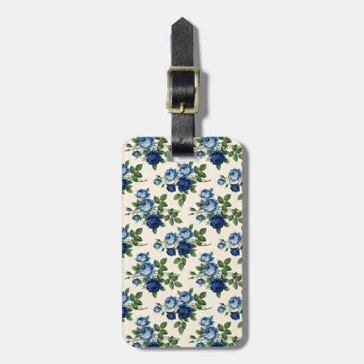 Blaues Rosen-Blumenmuster Gepäckanhänger (Vorderseite vertikal)