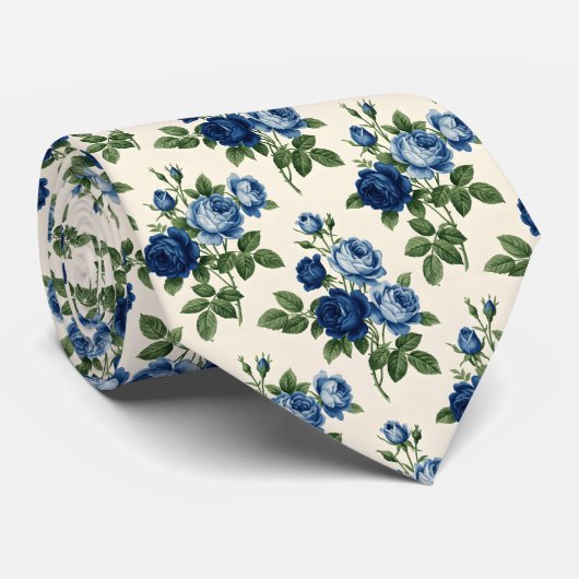 Blaues Rosen-Blumenmuster Krawatte (Gerollt)